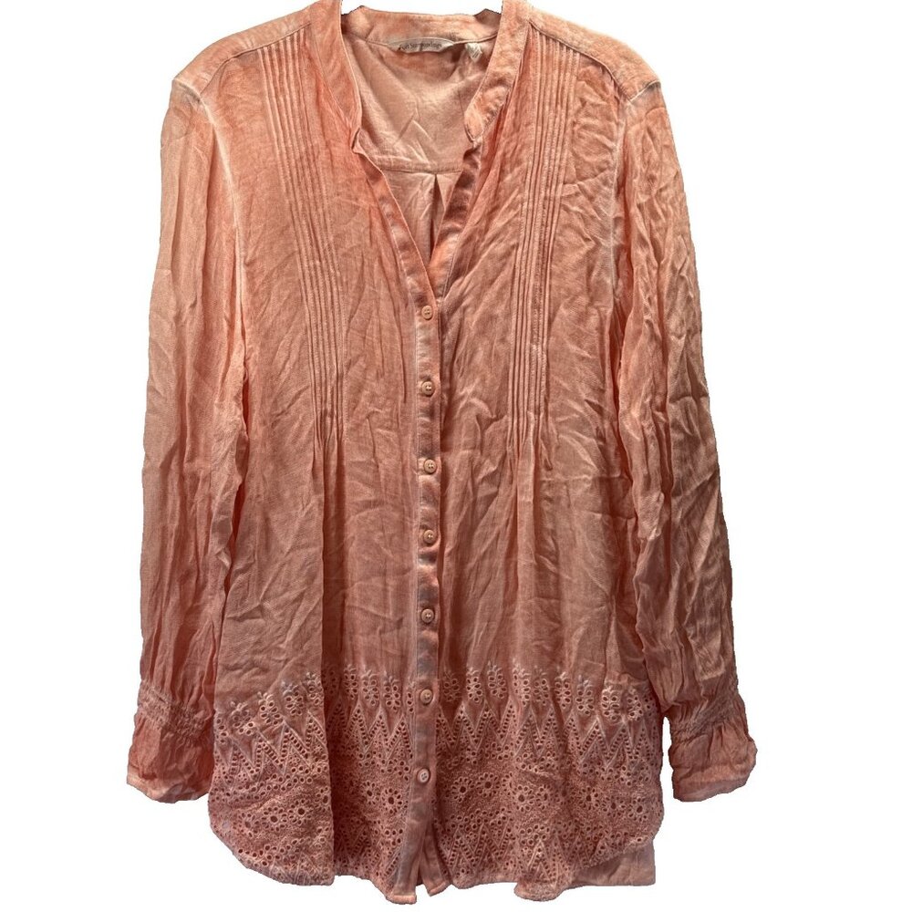Soft Surroundings Women's Top‎ Blouse Large Orange Button Up Gauzy Smocked Cuffs